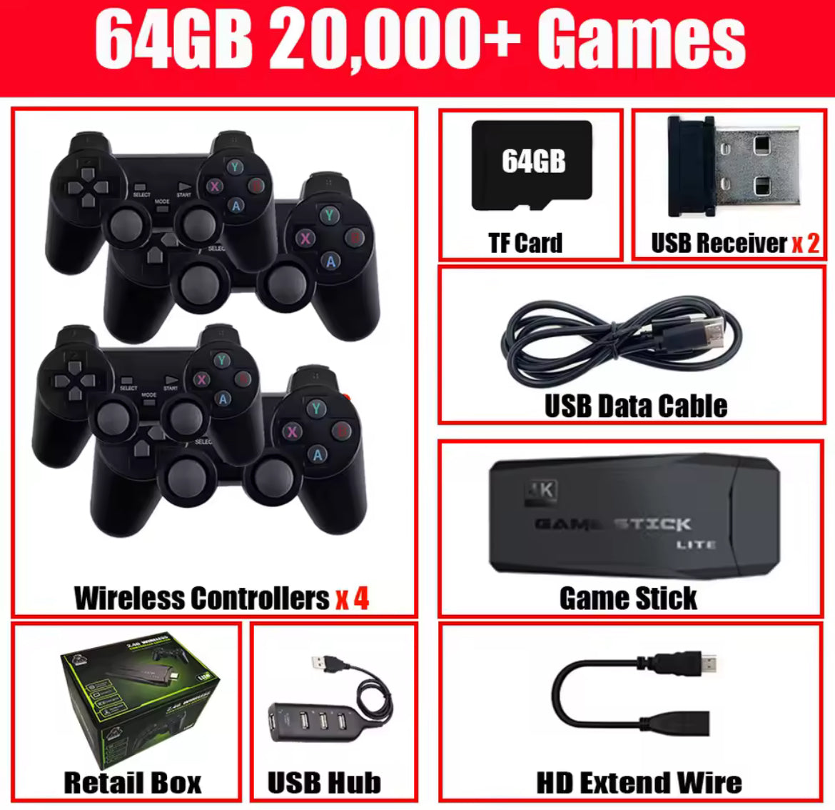 Game Stick Lite + 4 Controller 64 GB