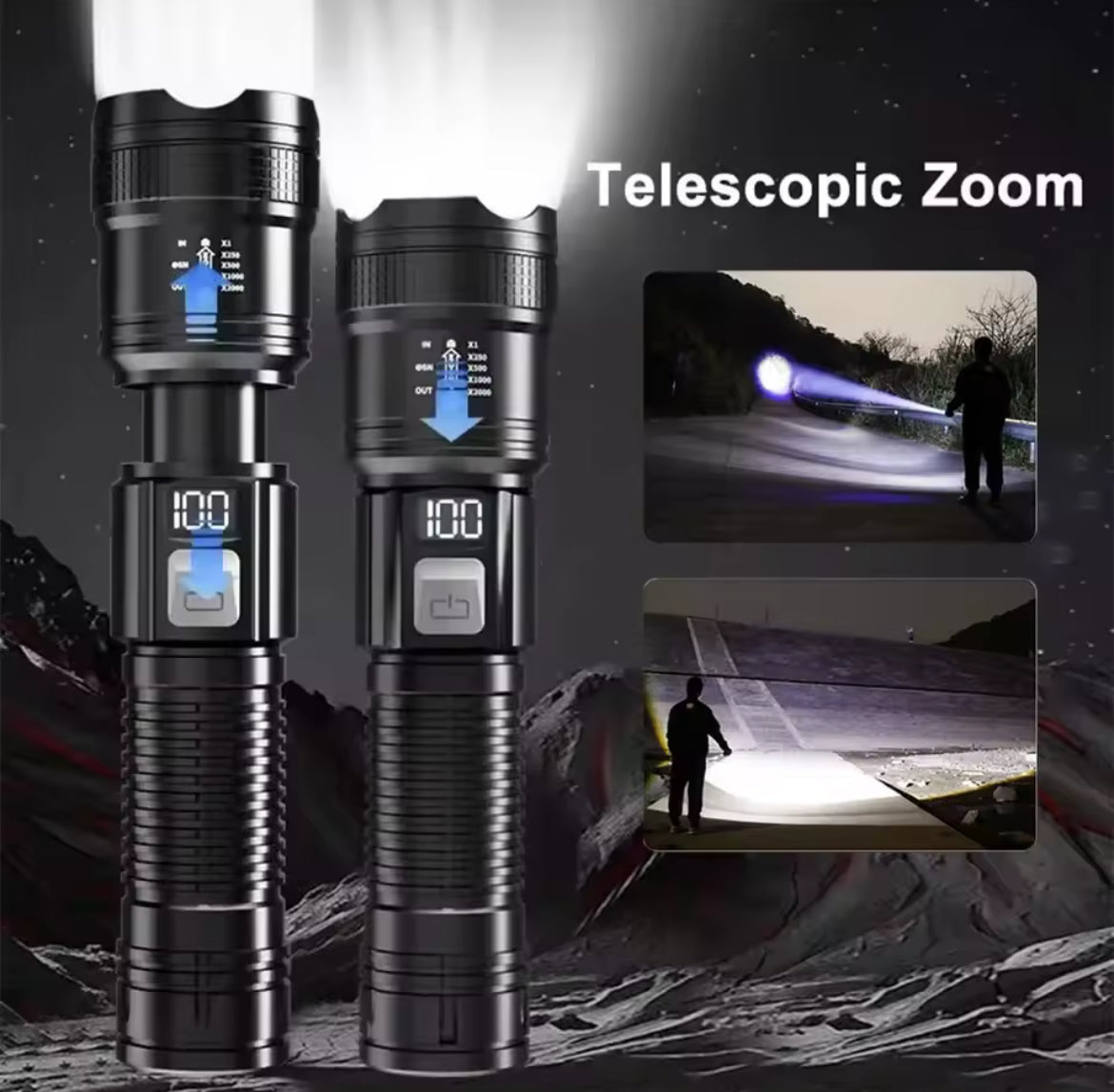 Torcia LED ad Alta Potenza Ricaricabile USB C con Zoom Telescopico e Display Digitale Kit completo