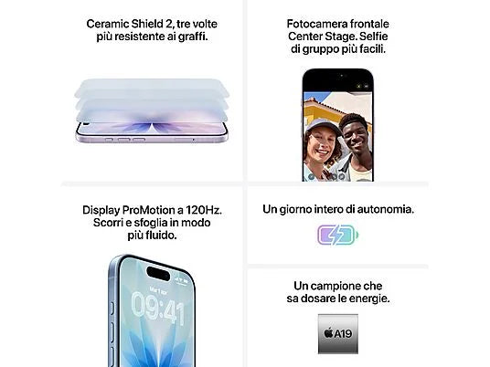 Apple iPhone 17 con le specifiche ufficiali Apple: display 6.3\" Super Retina XDR con tecnologia ProMotion, chip A19 e sistema a doppia fotocamera Fusion da 48MP.