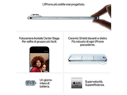 Apple iPhone 17 Air con le specifiche ufficiali Apple: l'iPhone più sottile mai creato con la potenza di un Pro, display 6.5\" Super Retina XDR con tecnologia ProMotion e chip A19 Pro