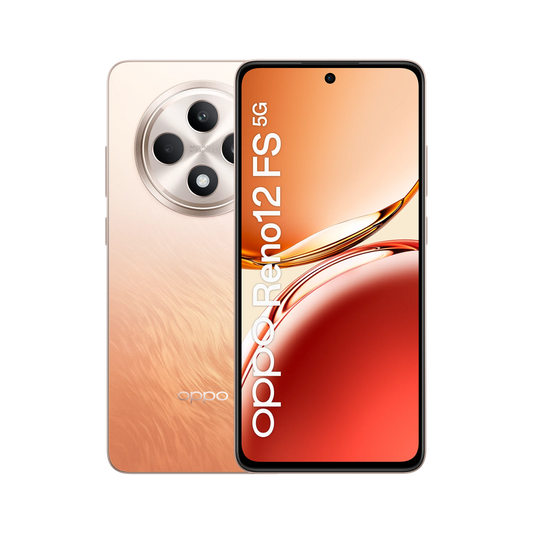 OPPO Reno 12F Amber Orange visto frontalmente acceso