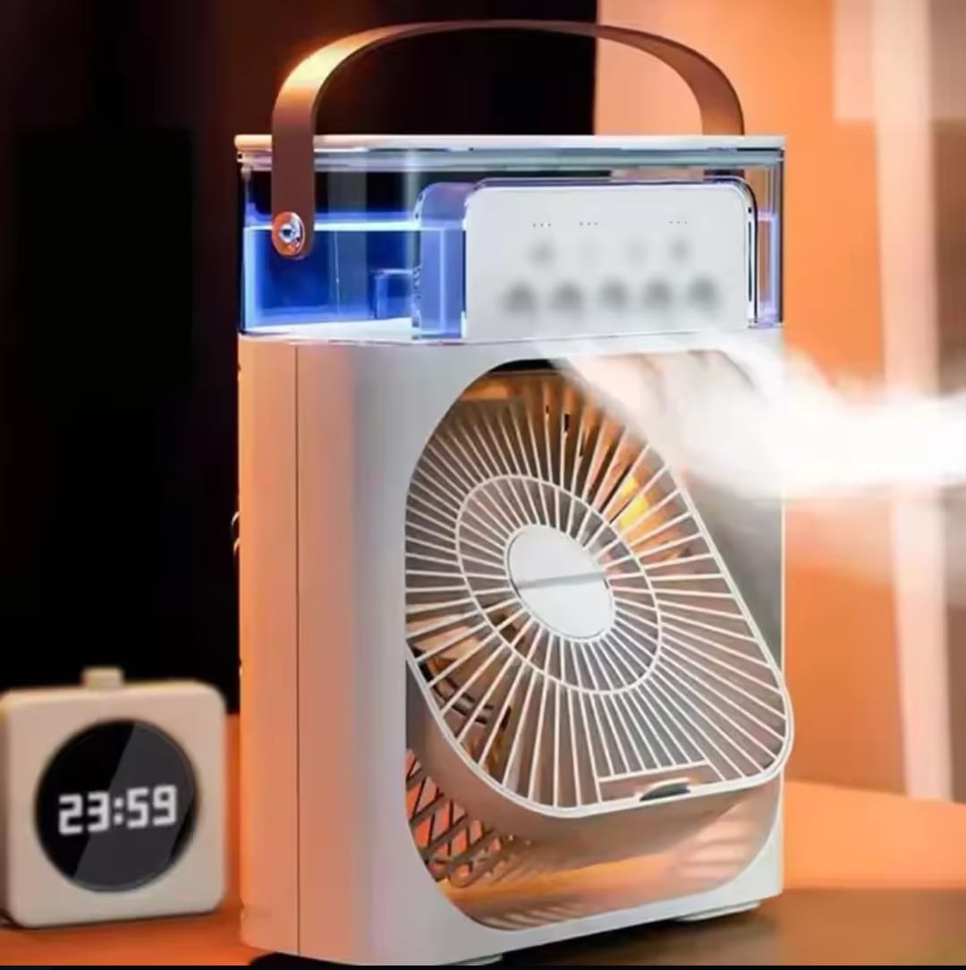Mini condizionatore portatile 3 in 1 con funzione ventilatore, climatizzatore e umidificatore, ideale per casa e ufficio.