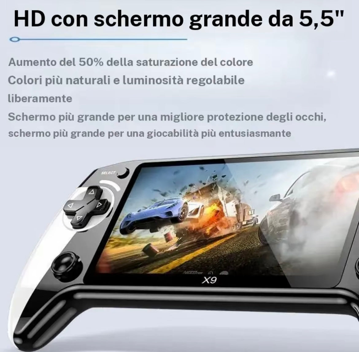Rivivi l'epoca d'oro del gaming con la console portatile X9, il dispositivo definitivo per gli appassionati di giochi classici. Con oltre 6000 giochi precaricati e un display ad alta risoluzione da 5.5 pollici, porta con te un'intera arcade ovunque tu vada.