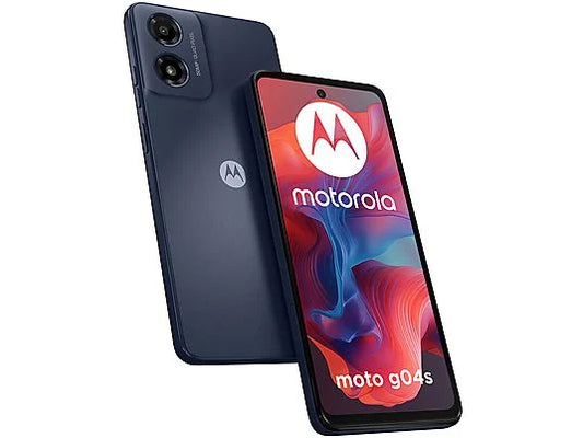 Motorola Moto G04s nero visto da davanti con display acceso Smartphone economico basso costo