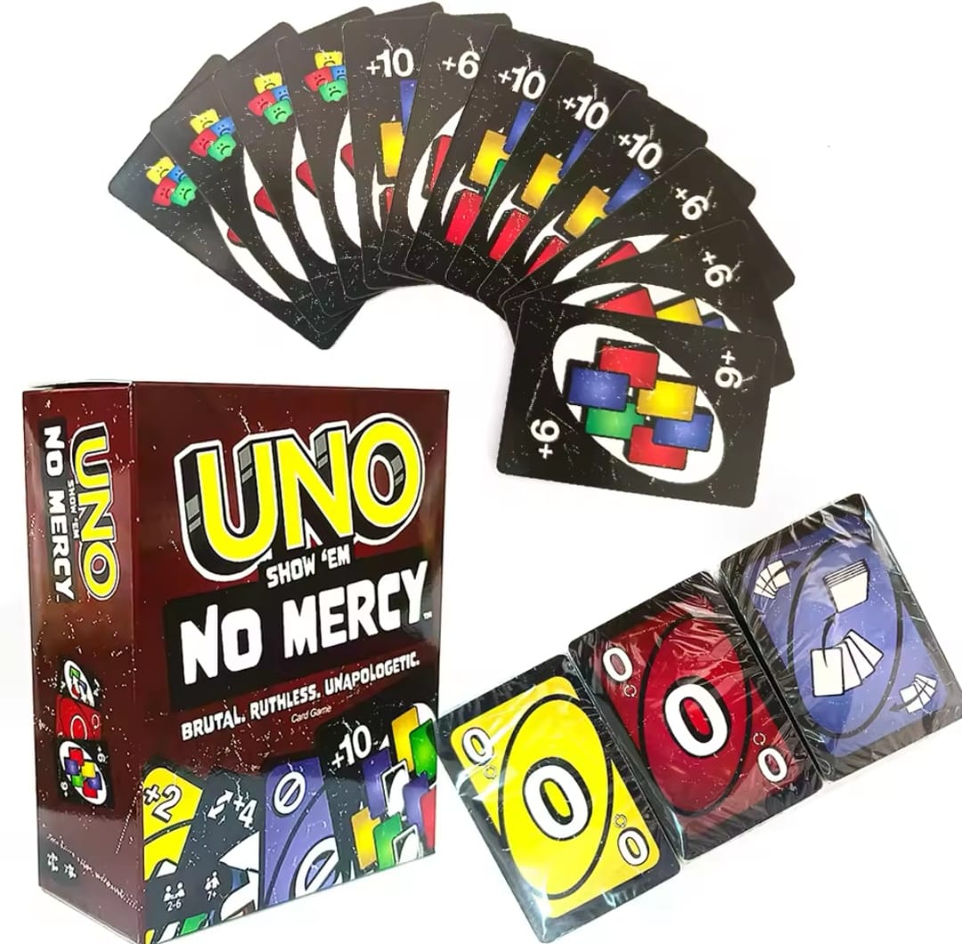 gioco di carte UNO Show 'em No Mercy, dove le regole 'Senza pietà' aggiungono un nuovo livello di sfida.
