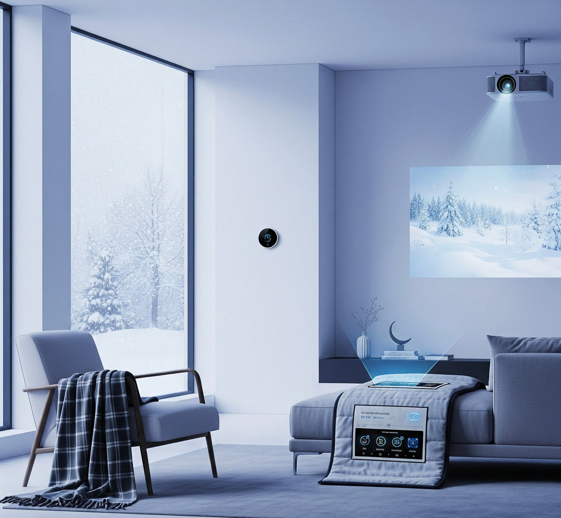 Gadget tecnologici 2025 design invernale moderno con neve, un plaid, un termostato smart, un proiettore e una coperta tech su sfondo bianco e blu freddo.
