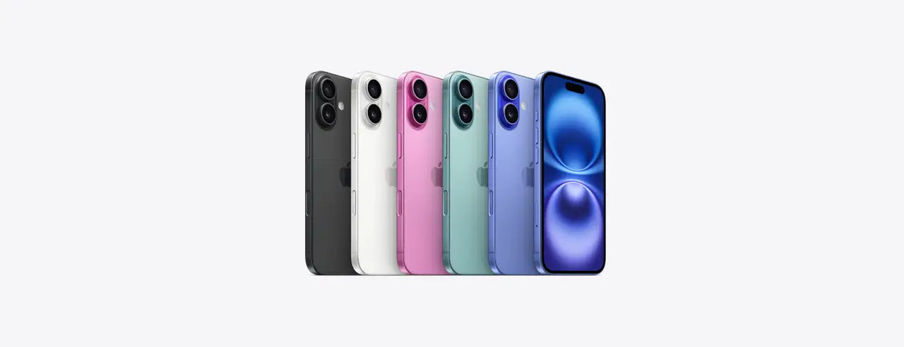 tutte le colorazioni di iPhone 16: nero, bianco, rosa, verde, blu.