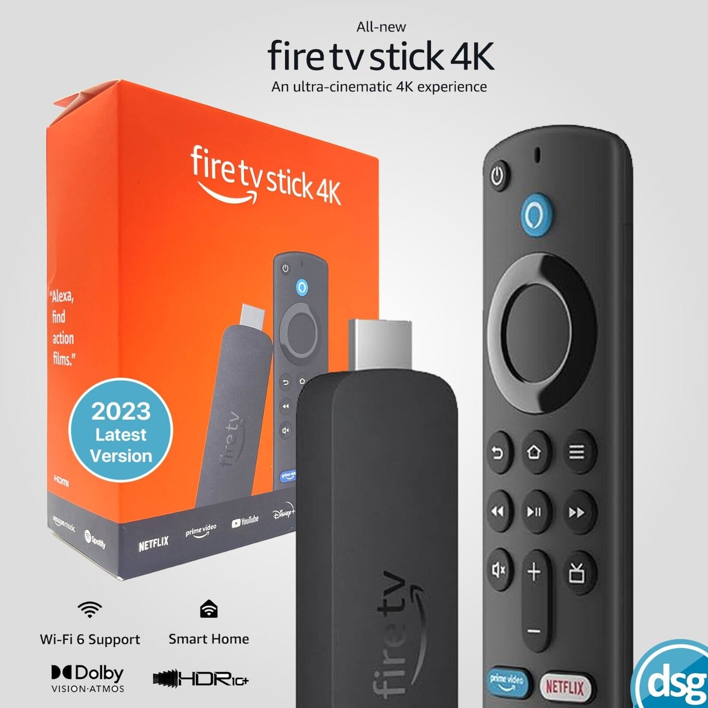 Fire TV Stick 4K con telecomando vocale Alexa, supporta streaming 4K Ultra HD con Dolby Vision e Dolby Atmos per un'esperienza visiva e sonora immersiva.