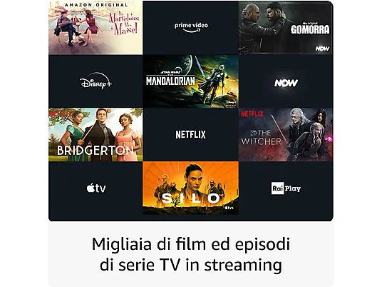 Fire TV Stick 4K collegata a una TV 4K, mostrando immagini di alta qualità con supporto per HDR10+ e Dolby Vision per un'esperienza cinematografica a casa