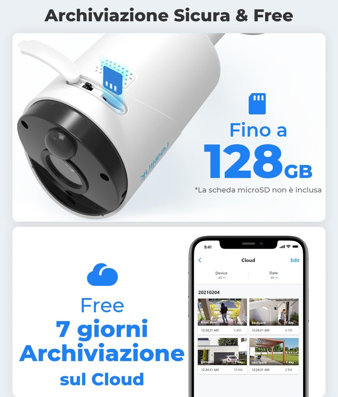 REOLINK ARGUS SERIES B320 Telecamera 3MP Wi-Fi Batteria con Pannello Solare 128 gb