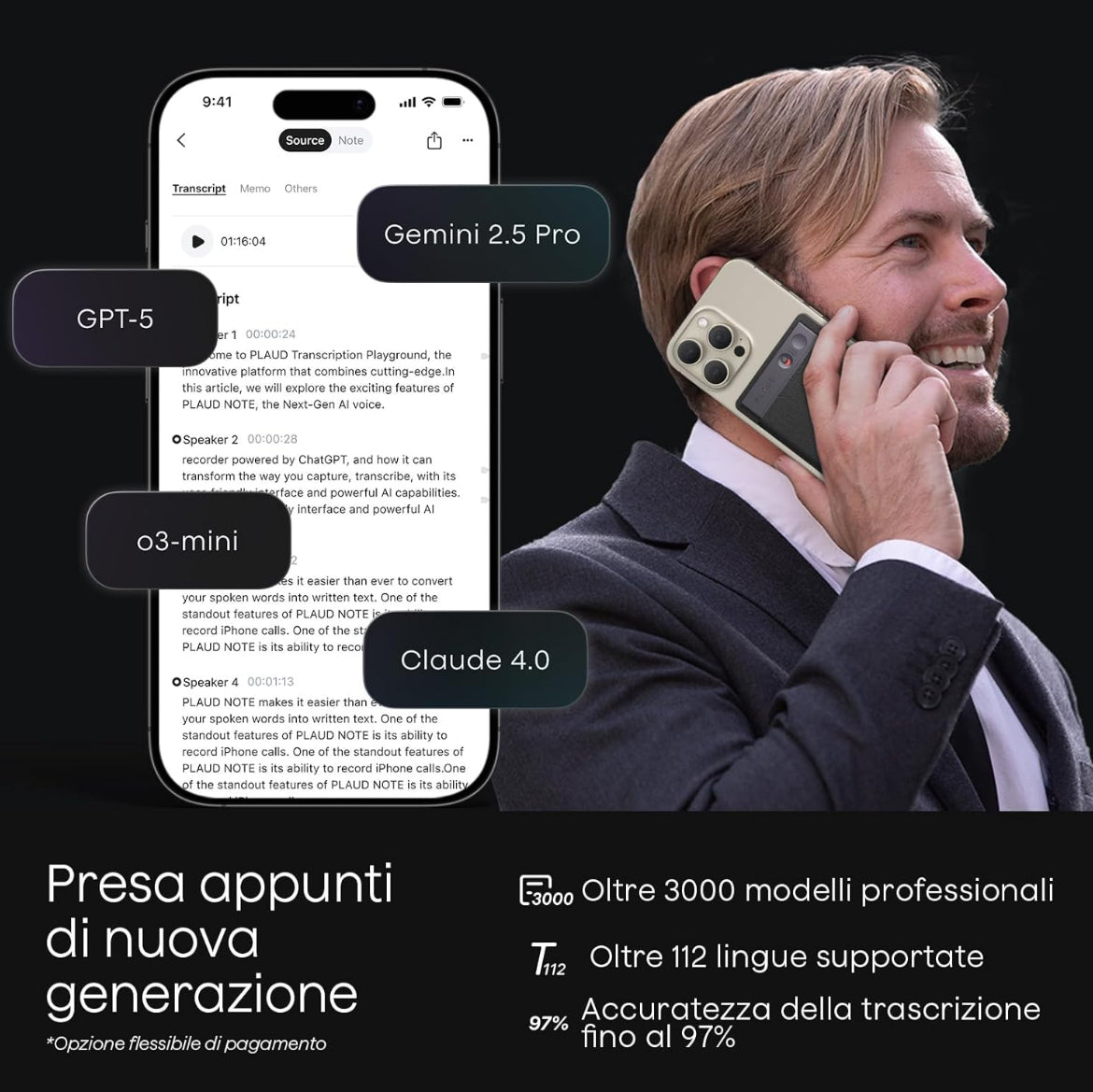 PLAUD NOTE Registratore Vocale con IA Trascrizione 112 Lingue Bluetooth GPT-5 , gemini