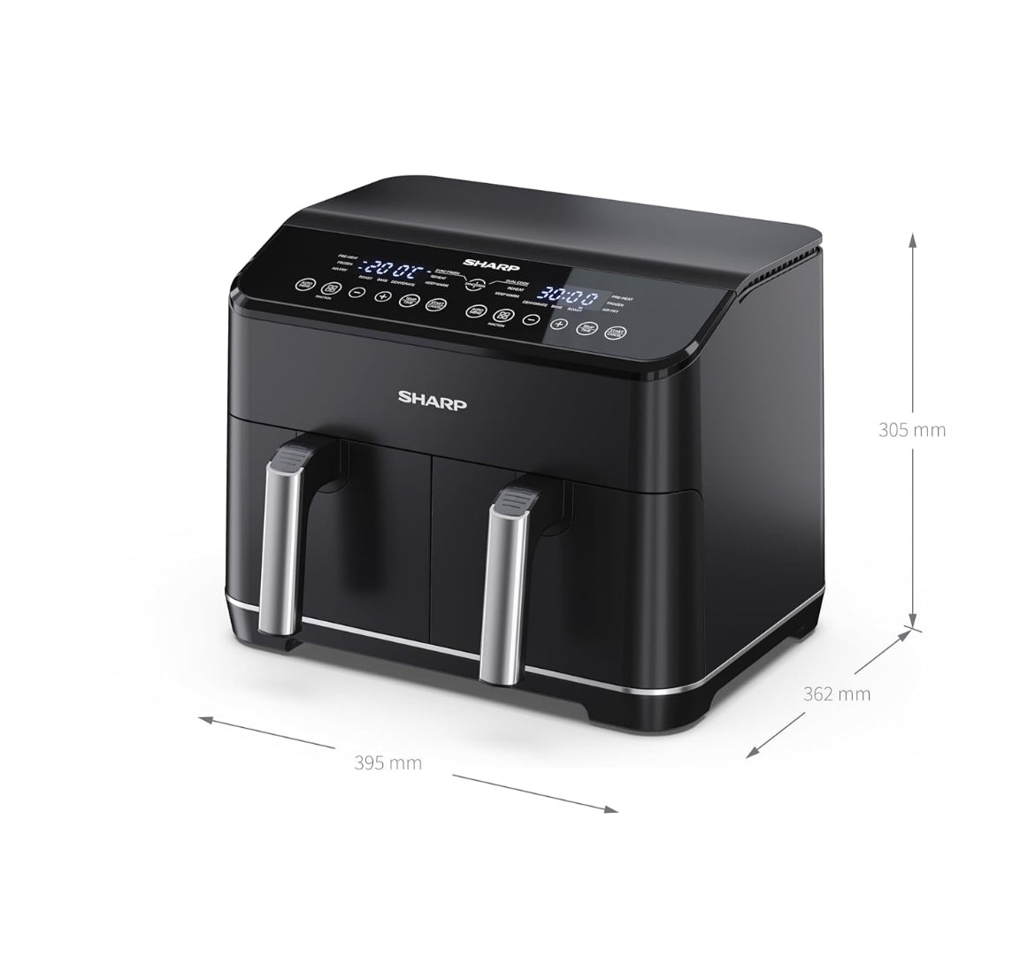 SHARP AF-GD82AE-B Friggitrice Aria Doppio Cassetto 8L Touch Control 2500W dimensioni 