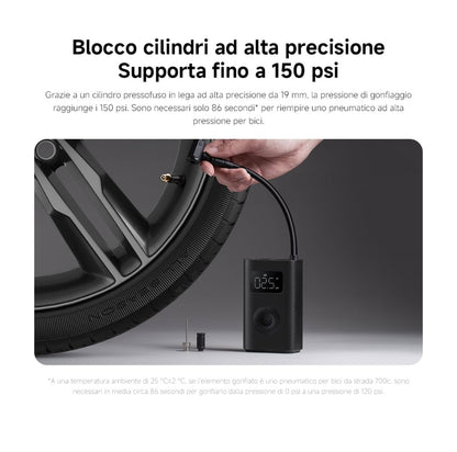 Xiaomi Portable Electric Air Compressor 2, Compressore ad Aria Portatile, Fino a 150 psi, Luce Led Integrata, Porta Type-C, 6 Modalità di Gonfiaggio, Nuovo adattatore valvola dell'aria, Compatto, Nero