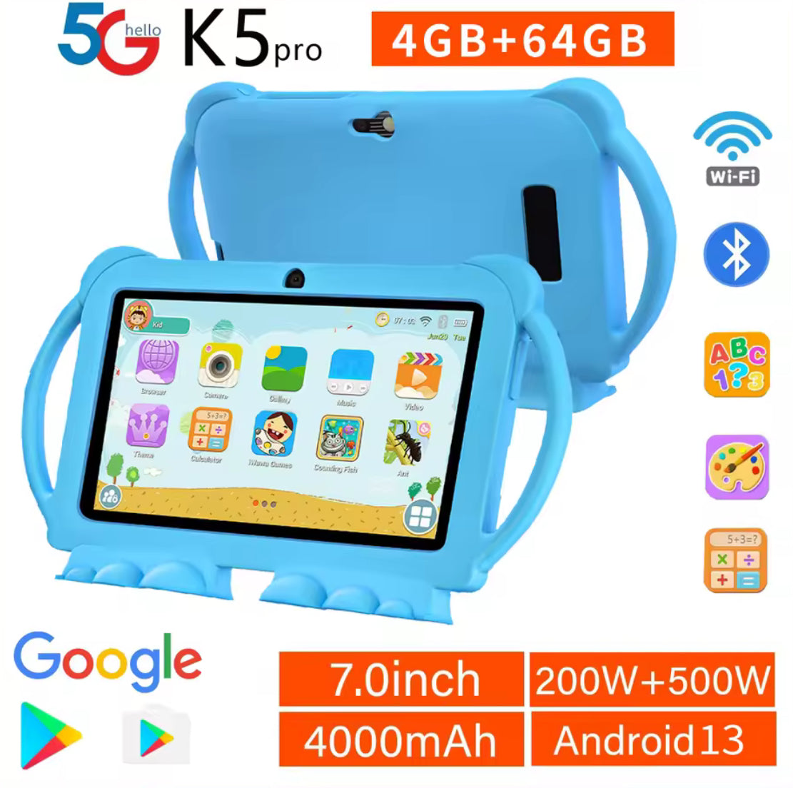 Tablet per Bambini 7 Pollici 2025 - 4GB RAM 64GB ROM WiFi 5G Android con Custodia Cartoon