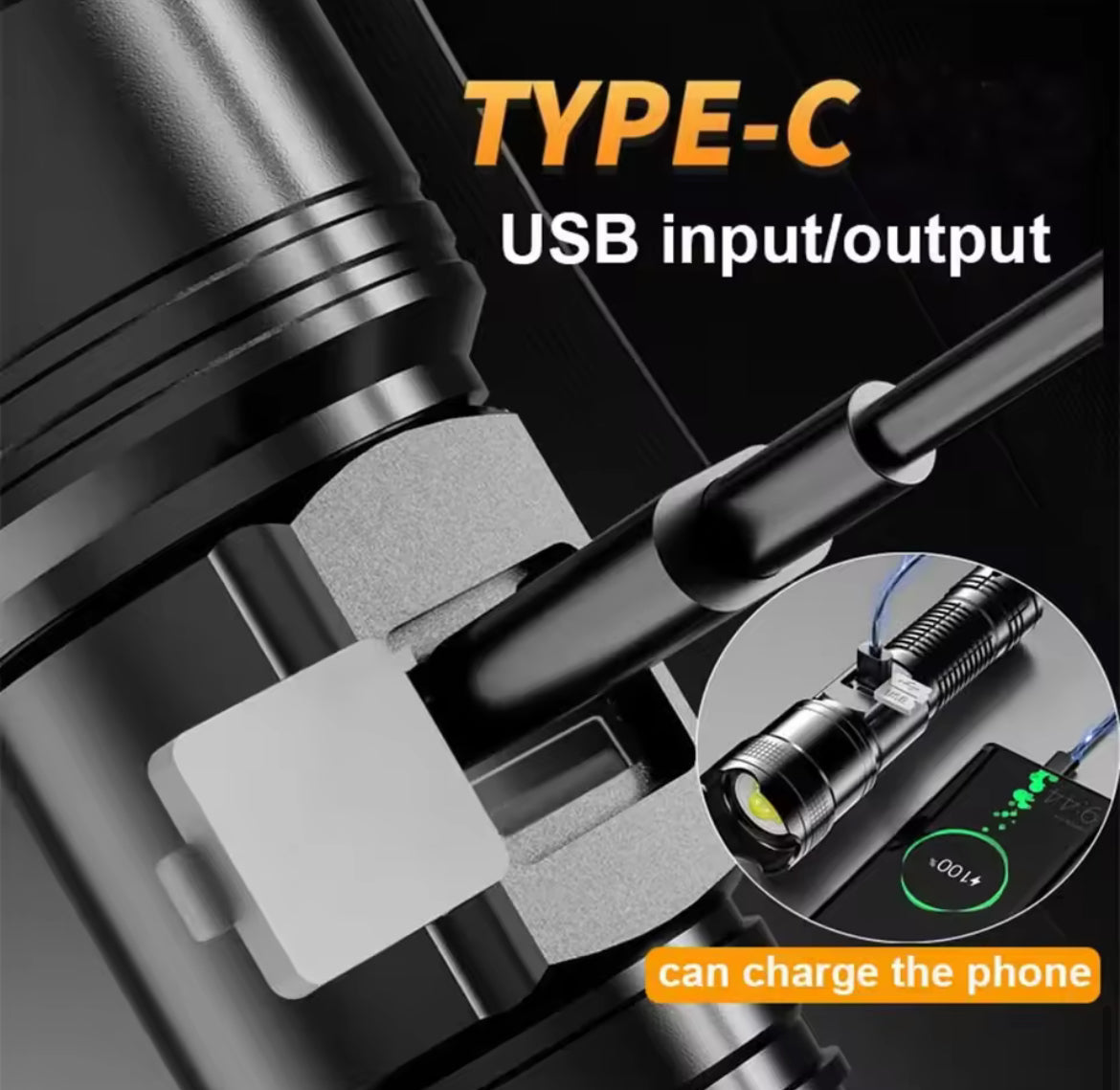 Torcia LED ad Alta Potenza Ricaricabile USB C con Zoom Telescopico e Display Digitale Kit completo