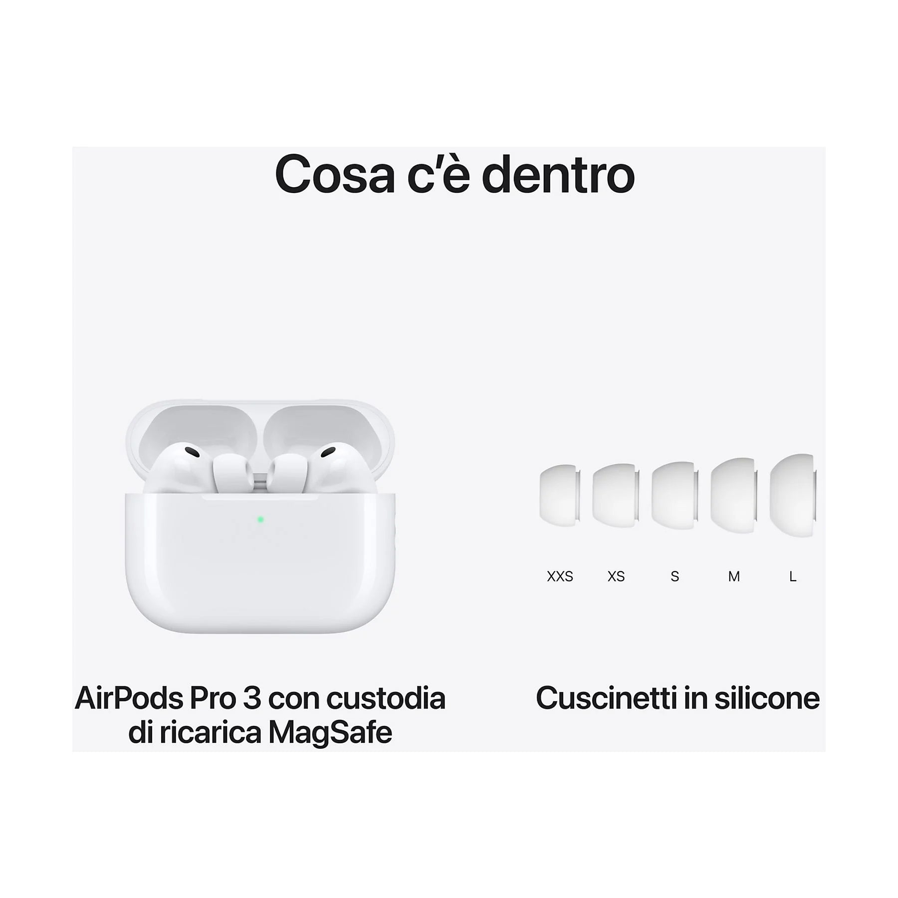 Apple AirPods Pro 3 cosa c’è dentro alla confezione. AirPods con custodia di ricarica MagSafe e cuscinetti in silicone