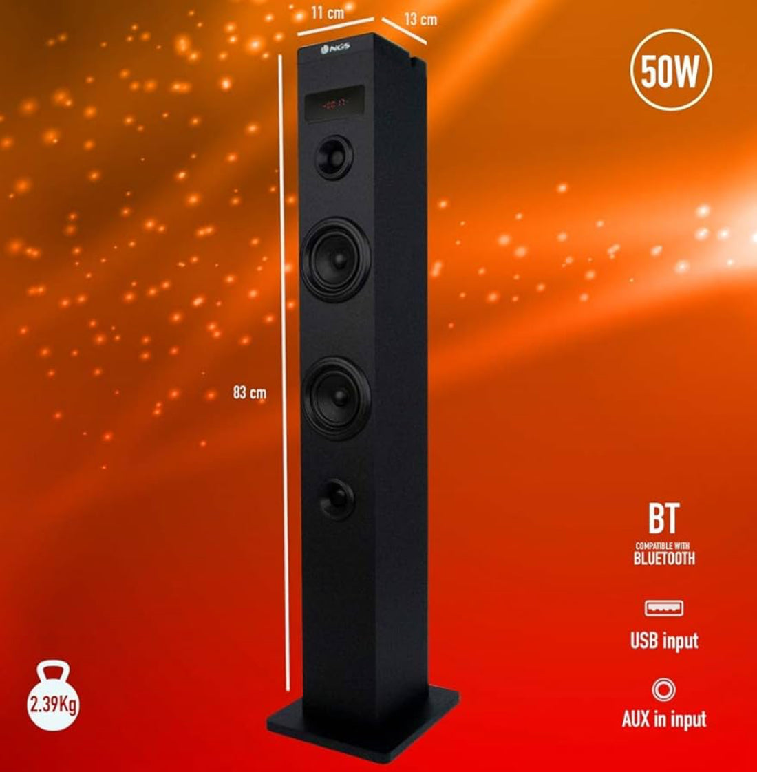 Speaker NGS Wild Swag Go 80W bluetooth TWS, USB, TF, AUX. Peso e dimensioni