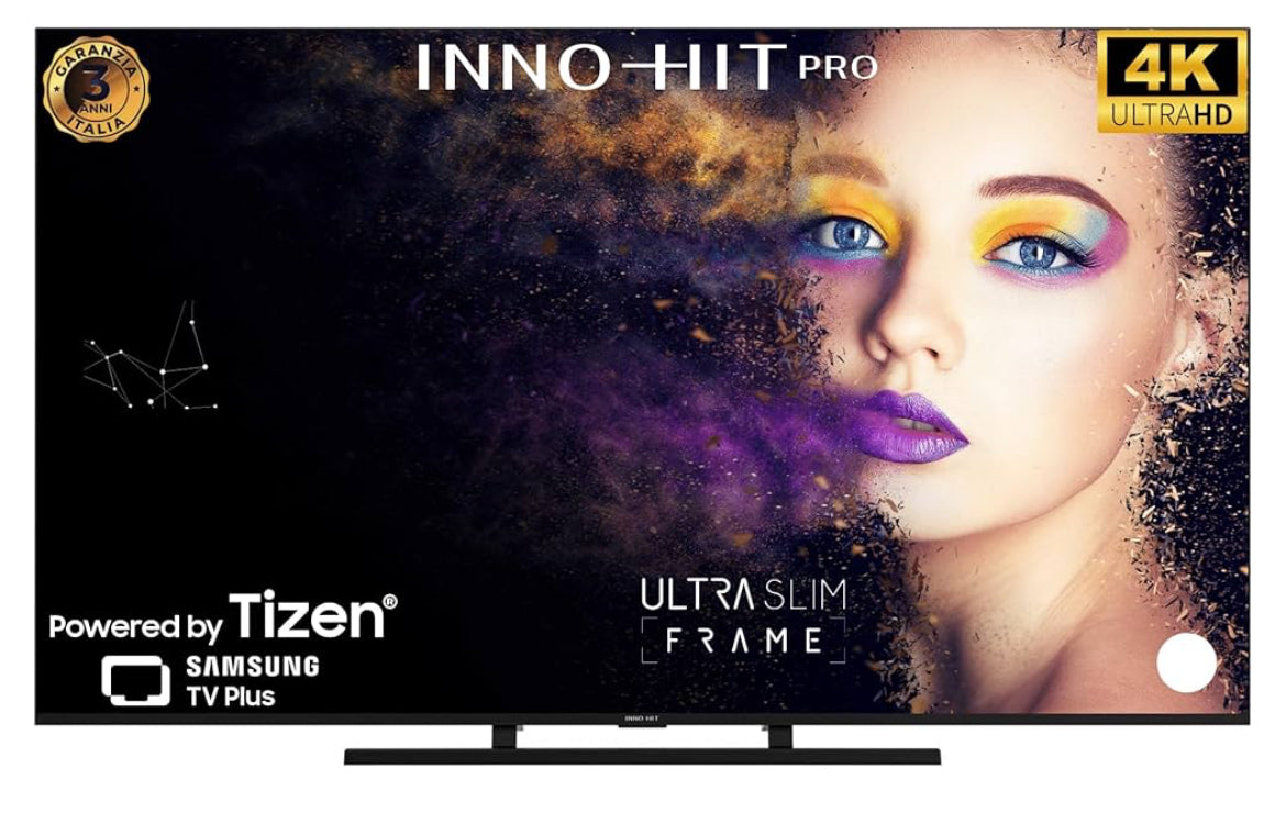Sistema operativo Tizen su Inno-Hit 65 UHD Smart TV, Interfaccia smart Tizen con app streaming attive.