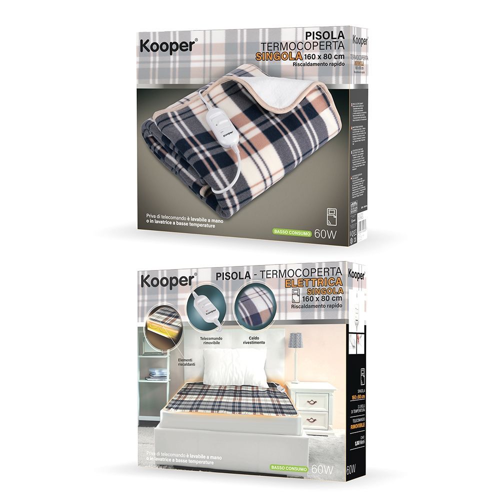 Kooper Termocoperta Elettrica Singola a Quadri 80X160CM 60W