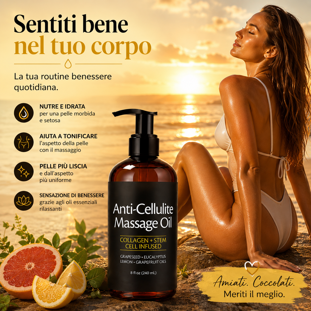 Olio anticellulite con collagene e oli essenziali elimina la cellulite, brucia i grassi