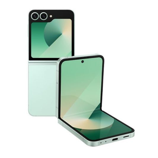 Samsung Galaxy Z Flip 6 verde piegato frontalmente - Smartphone a conchiglia con display Dynamic AMOLED 2X da 6,7 pollici piegato. Design compatto e innovativo per il Galaxy Z Flip 6