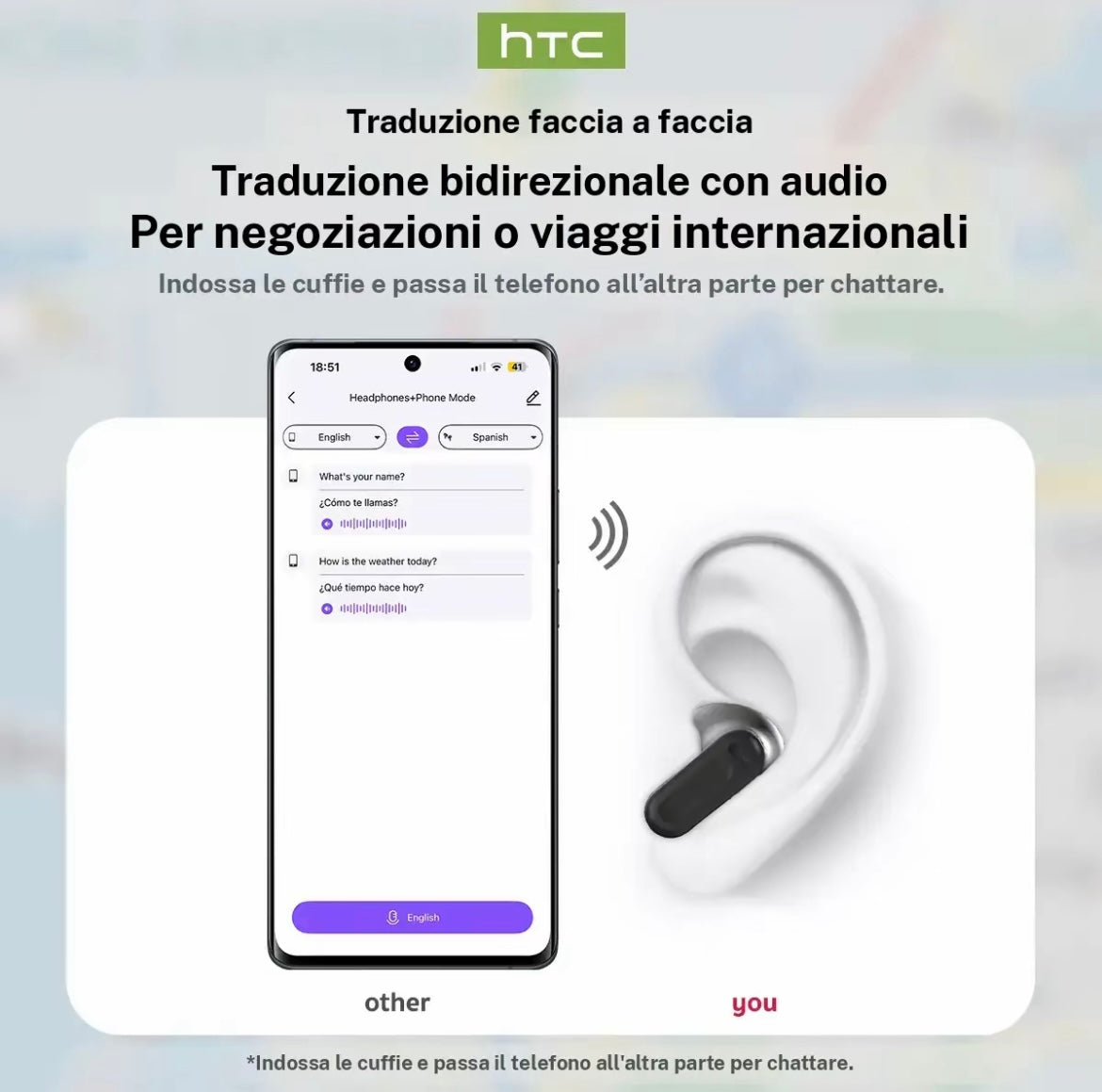Traduzione faccia a faccia
Traduzione bidirezionale con audio
Per negoziazioni o viaggi internazionali
Indossa le cuffie e passa il telefono all'altra parte per chattare.