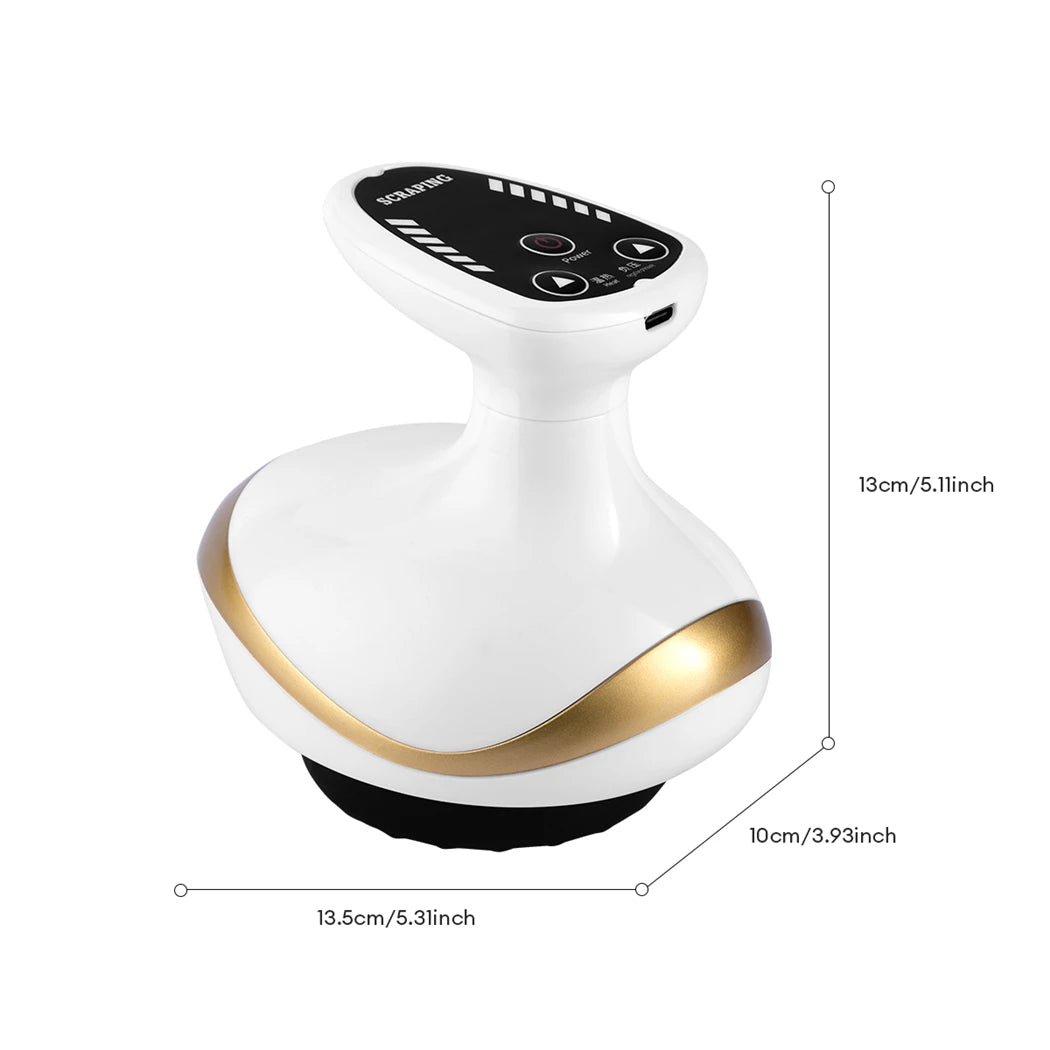 massaggio Guasha per drenaggio linfatico, riduzione cellulite e tonificazione corpo. Con display LCD, 10 testine intercambiabili, 6 livelli di pressione negativa e 6 livelli di temperatura, questo massaggiatore professionale offre trattamenti personalizzati per addome, gambe, braccia, glutei e schiena.