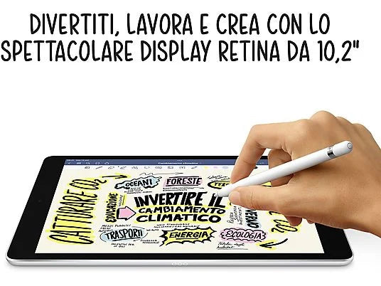 Display Retina 10,2 pollici di Apple iPad 9 con tecnologia True Tone, colori brillanti e adattamento alla luce ambientale.