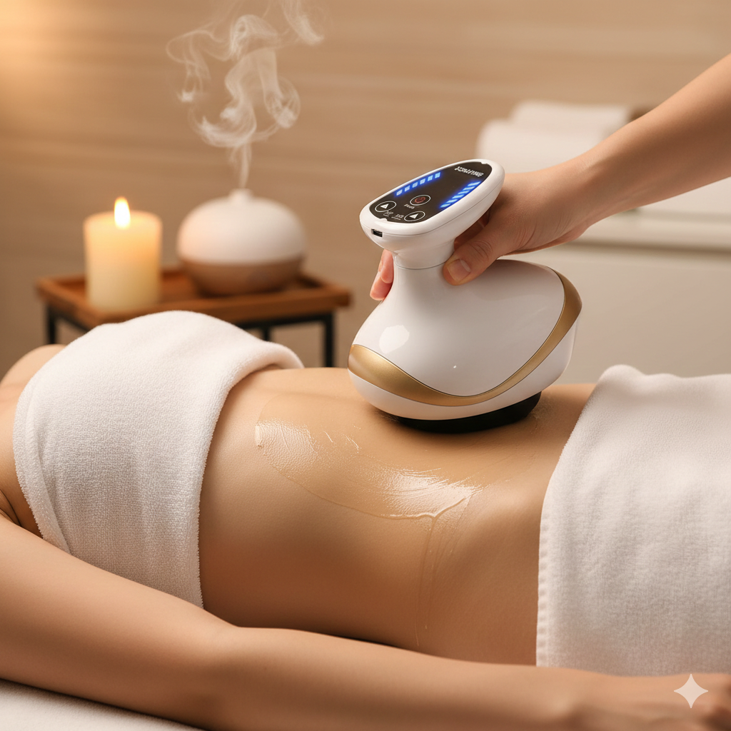 Massaggiatore Elettrico EMS con Coppettazione e Guasha, il dispositivo professionale 3-in-1 che combina coppettazione sottovuoto, riscaldamento a infrarossi e massaggio Guasha per drenaggio linfatico, riduzione cellulite e tonificazione corpo. Con display LCD, 10 testine intercambiabili, 6 livelli di pressione negativa e 6 livelli di temperatura, questo massaggiatore professionale offre trattamenti personalizzati per addome, gambe, braccia, glutei e schiena.