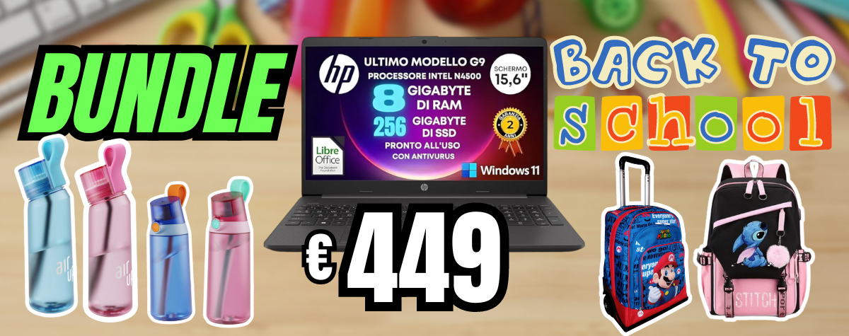 Bundle back to school: pacchetto con PC HP, borraccia Air Up e zaino scuola. Offerta conveniente per studenti. Computer portatile, borraccia aromatizzata e zaino resistente per il ritorno a scuola. Le migliori offerte per il Back to school.