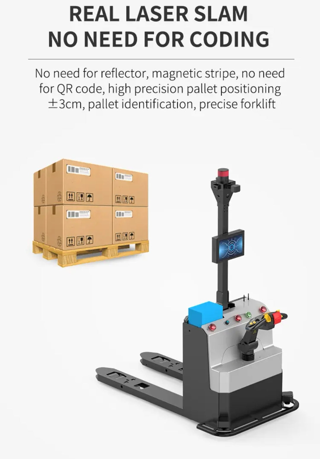 Carrello elevatore intelligente per movimentazione di pallet e materiali pesanti in fabbrica