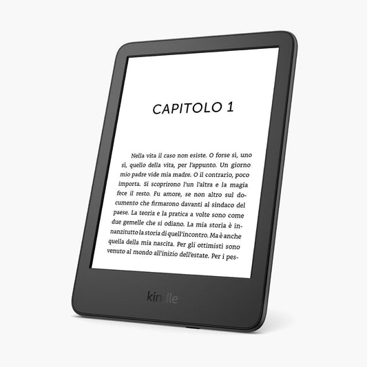 Kindle ottava generazione con display e-ink da 6 pollici, risoluzione 800x400 pixel, e capacità di 4GB