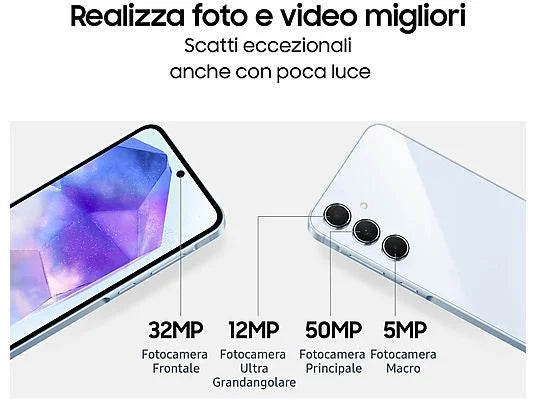 Dettaglio della fotocamera principale da 50 MP del Samsung Galaxy A55 5G, progettata per catturare immagini ad alta risoluzione