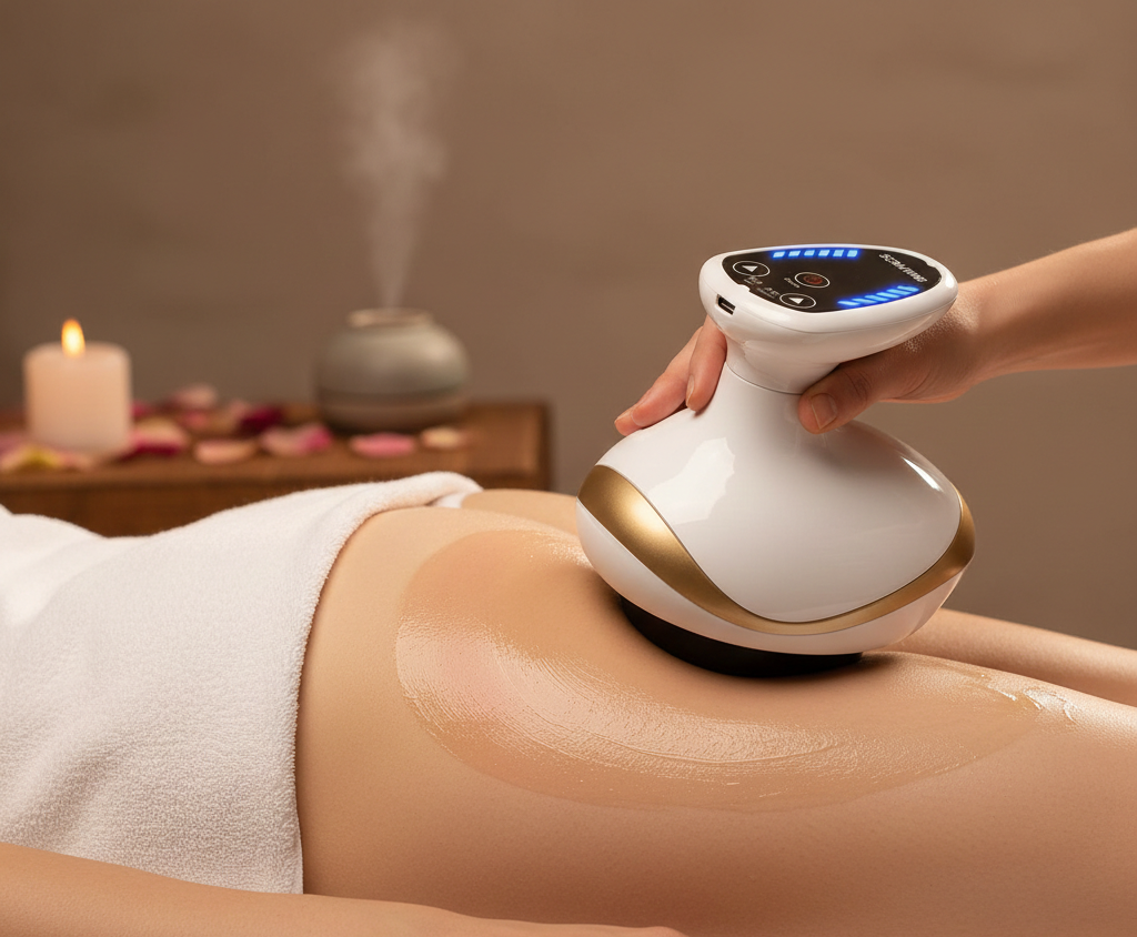 Massaggiatore Elettrico EMS con Coppettazione e Guasha, il dispositivo professionale 3-in-1 che combina coppettazione sottovuoto, riscaldamento a infrarossi e massaggio Guasha per drenaggio linfatico, riduzione cellulite e tonificazione corpo. Con display LCD, 10 testine intercambiabili, 6 livelli di pressione negativa e 6 livelli di temperatura, questo massaggiatore professionale offre trattamenti personalizzati per addome, gambe, braccia, glutei e schiena.