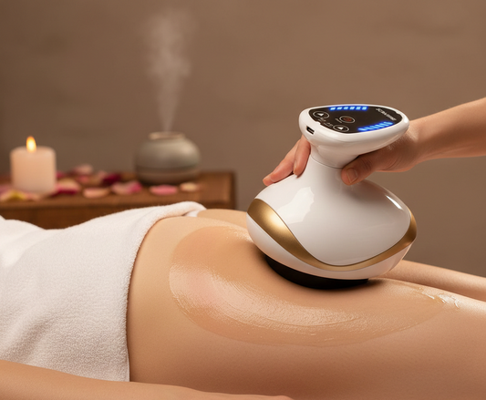 Massaggiatore Elettrico EMS con Coppettazione e Guasha, il dispositivo professionale 3-in-1 che combina coppettazione sottovuoto, riscaldamento a infrarossi e massaggio Guasha per drenaggio linfatico, riduzione cellulite e tonificazione corpo. Con display LCD, 10 testine intercambiabili, 6 livelli di pressione negativa e 6 livelli di temperatura, questo massaggiatore professionale offre trattamenti personalizzati per addome, gambe, braccia, glutei e schiena.