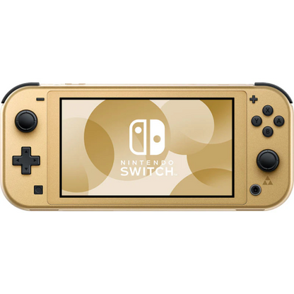 Vista frontale della Switch Lite Hyrule Edition con dettagli dorati

