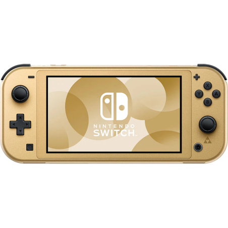 Vista frontale della Switch Lite Hyrule Edition con dettagli dorati

