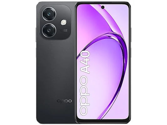 OPPO A40 Sparkle Black visto frontalmente con display acceso

