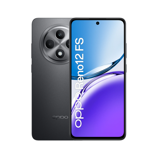 OPPO Reno 12FS Matte Gray fronte con display acceso

