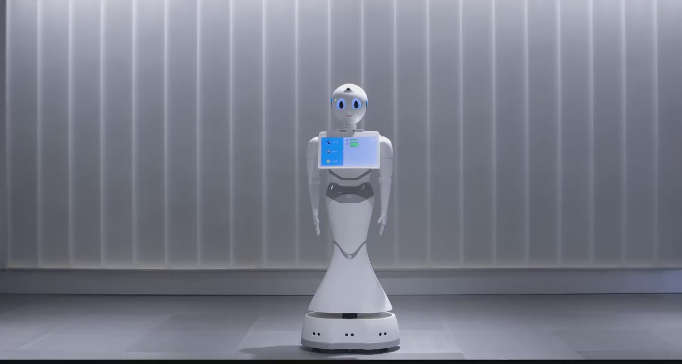 Video dimostrativo del robot umanoide AI con Chat GPT vocale in azione per assistenza reception, mostrando interazione vocale fluida, guida clienti automatica e controllo remoto in un ambiente commerciale o pubblico.