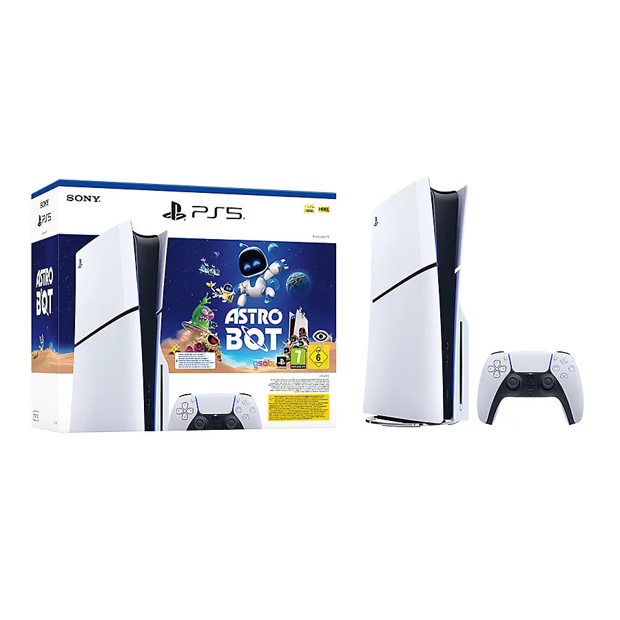 Vista frontale della PlayStation 5 Slim Standard Edition con slot disco


