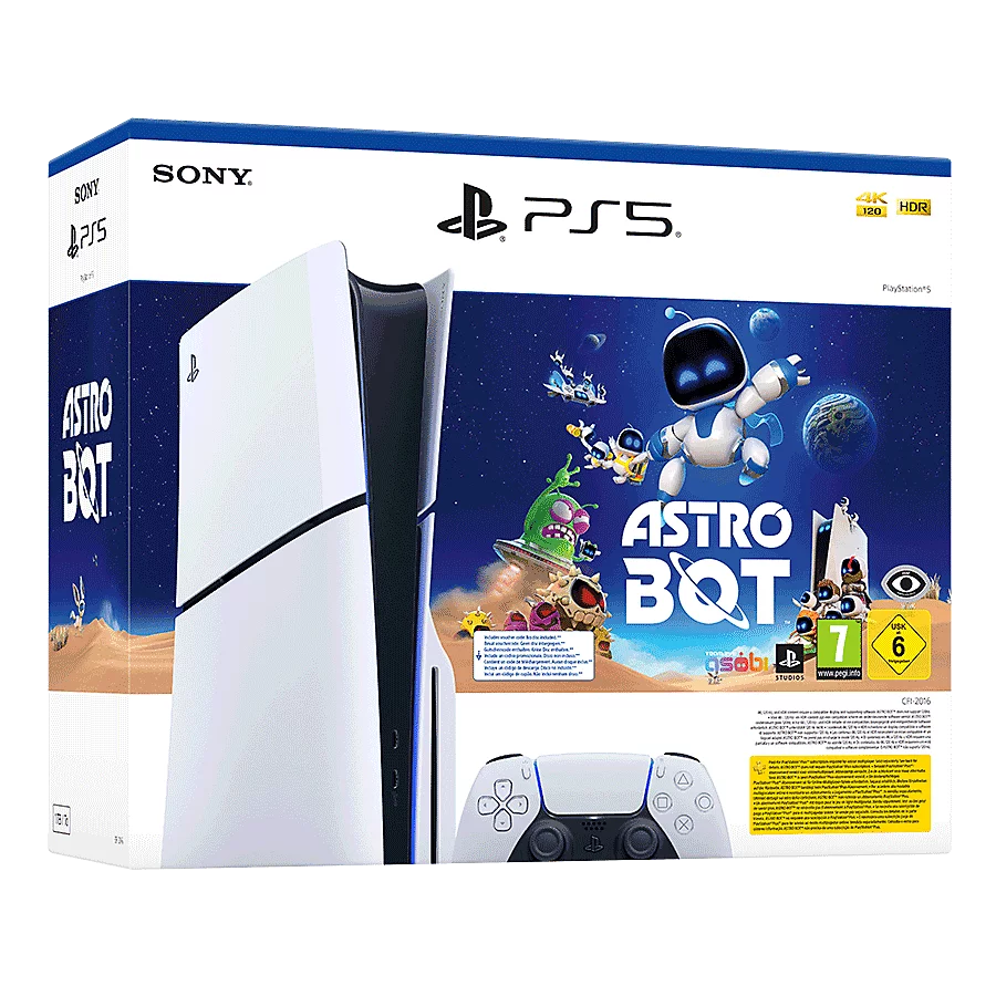 Confezione ufficiale bundle PS5 Slim Astro Bot con lettore Blu-ray