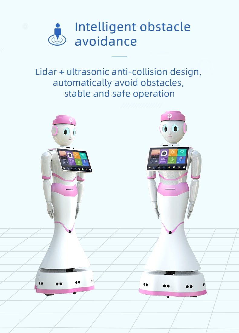 Robot receptionist con WiFi e touch screen intelligente, evita gli ostacoli e interagisce con il cliente.