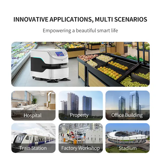 Robot aspirapolvere lavapavimenti commerciale con motore a spazzole. Pulizia automatizzata di supermercati, hotel, ospedale, uffici, aziende, treni, fabbriche, stadi.