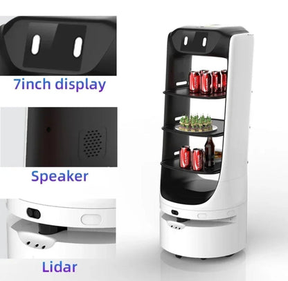 Robot cameriere con display touch screen da 7 pollici, speaker e sensori per servizio nei ristoranti.