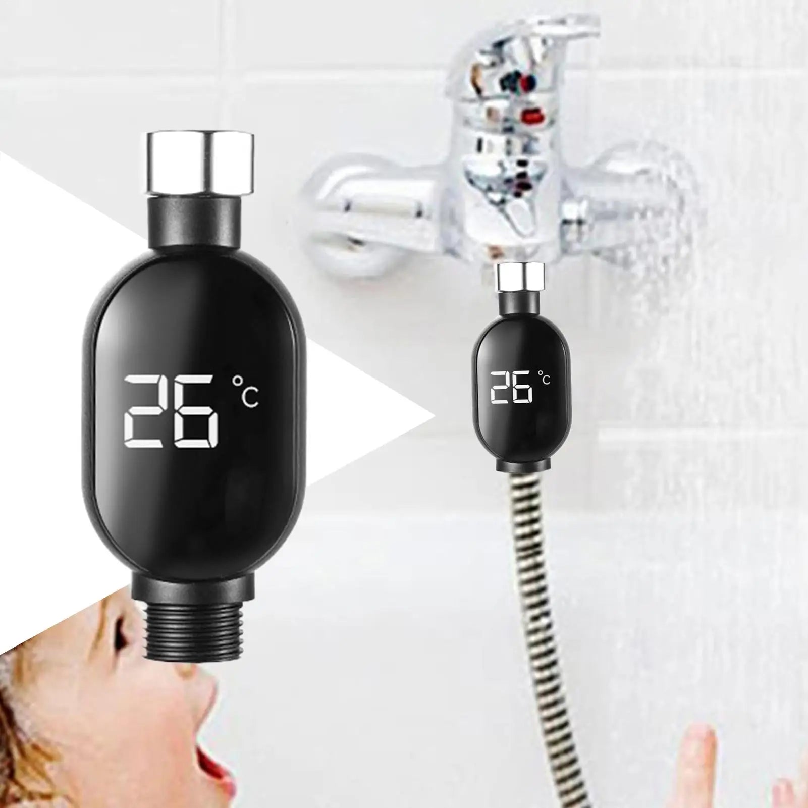 'Indicatore di Temperatura Digitale con Display LED Touchscreen. Questo innovativo accessorio per bagno ti permette di monitorare in tempo reale la temperatura dell'acqua, garantendo docce sempre alla temperatura perfetta e proteggendo te e la tua famiglia da scottature accidentali.