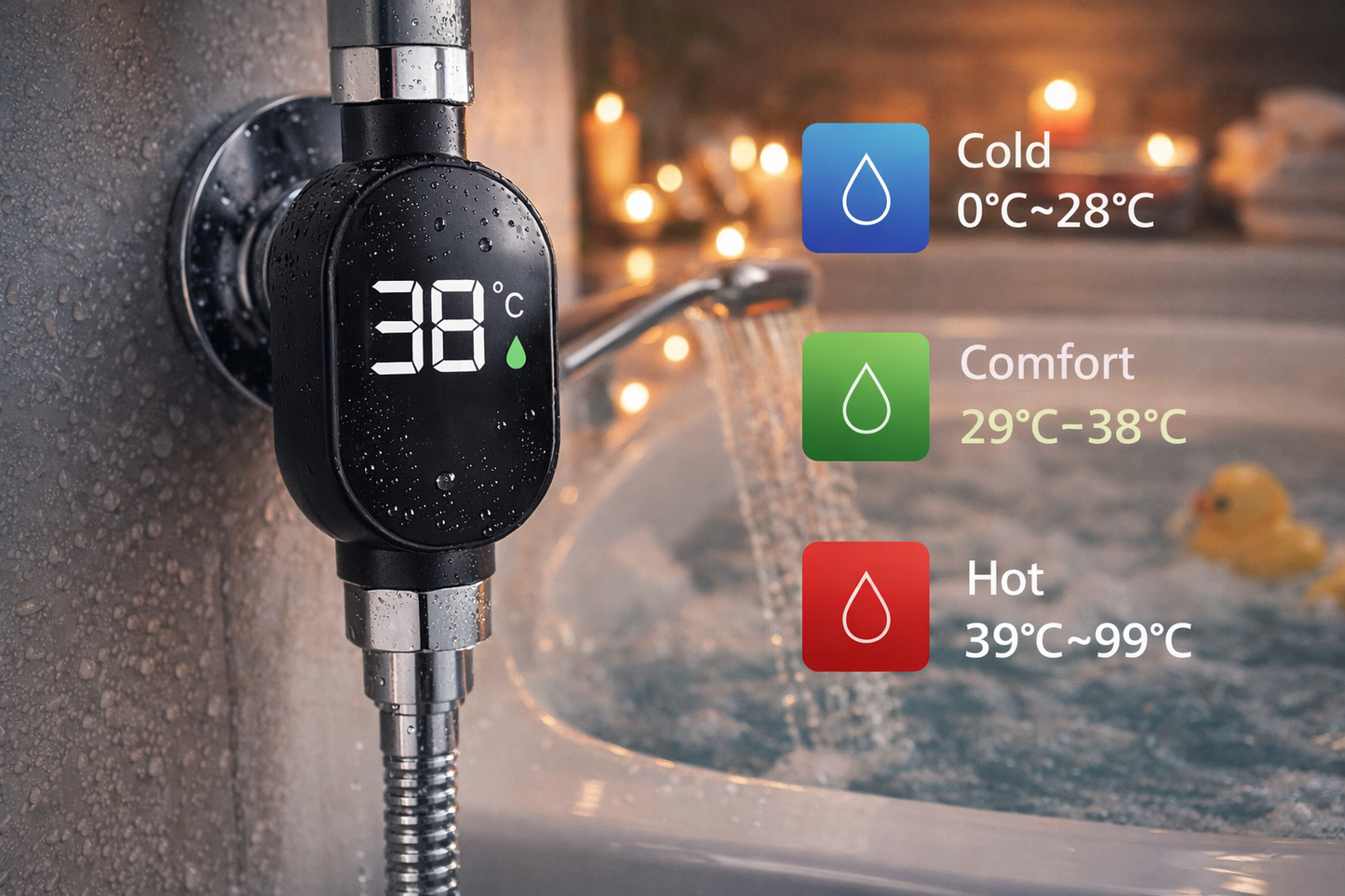 'Indicatore di Temperatura Digitale con Display LED Touchscreen. Questo innovativo accessorio per bagno ti permette di monitorare in tempo reale la temperatura dell'acqua, garantendo docce sempre alla temperatura perfetta e proteggendo te e la tua famiglia da scottature accidentali.