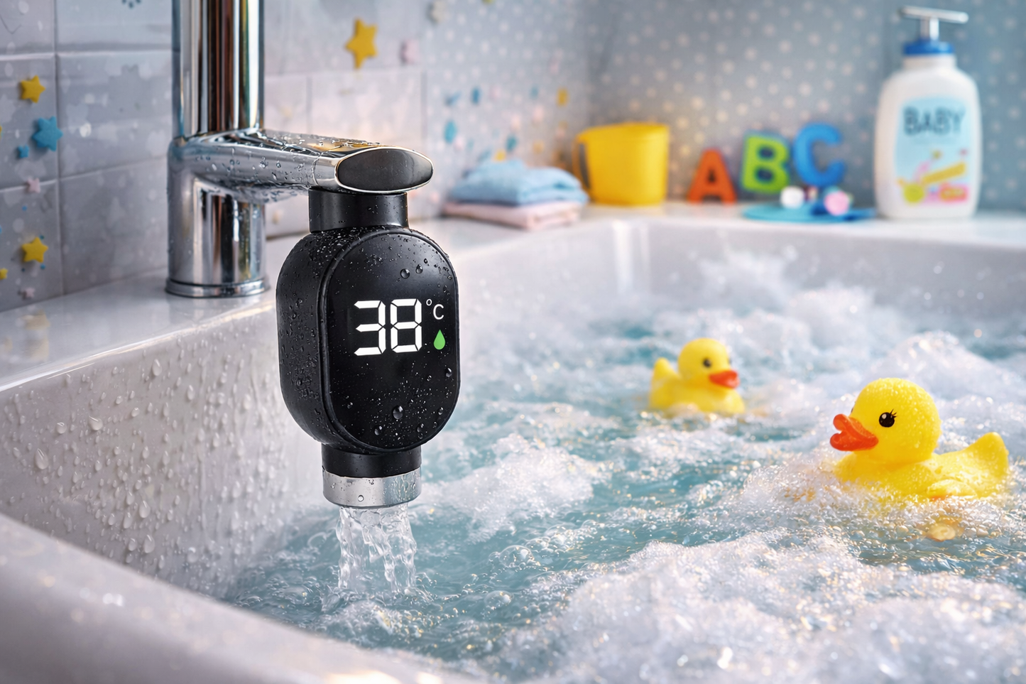 come controllare la temperatura dell'acqua per bagnetto neonati, bambini. Termometro per acqua applicato sotto al rubinetto.  